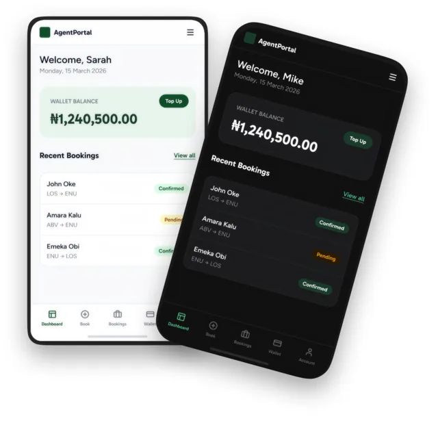 TourEnugu agent portal on mobile — light and dark wallet views